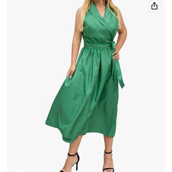 Amazon Curve Muse‎ Women's Solid Sleeveless V Neck Tie Waist Wrapped Green Dress - Picture 1 of 7